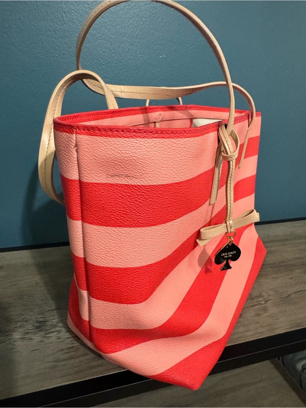 kate spade Pink and Red Striped Tote with Bow Charm - Picture 3 of 6